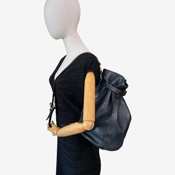 Mulberry Navy Pebbled Leather Drawstring Bucket Bag Plaid Lining England - Picture 14 of 15